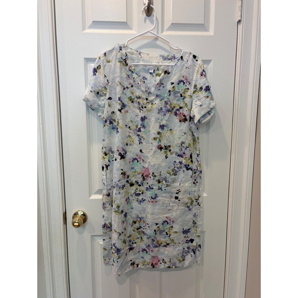 J. Jill Linen Shift Dress Womens M Blue Floral Coastal Garden Party